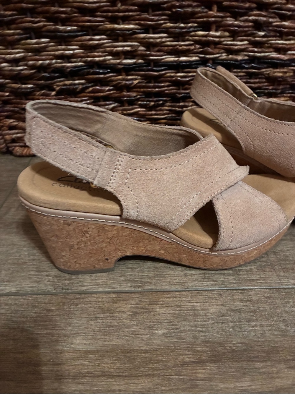 Clarks Beige Suede Cork Wedge Sandals
